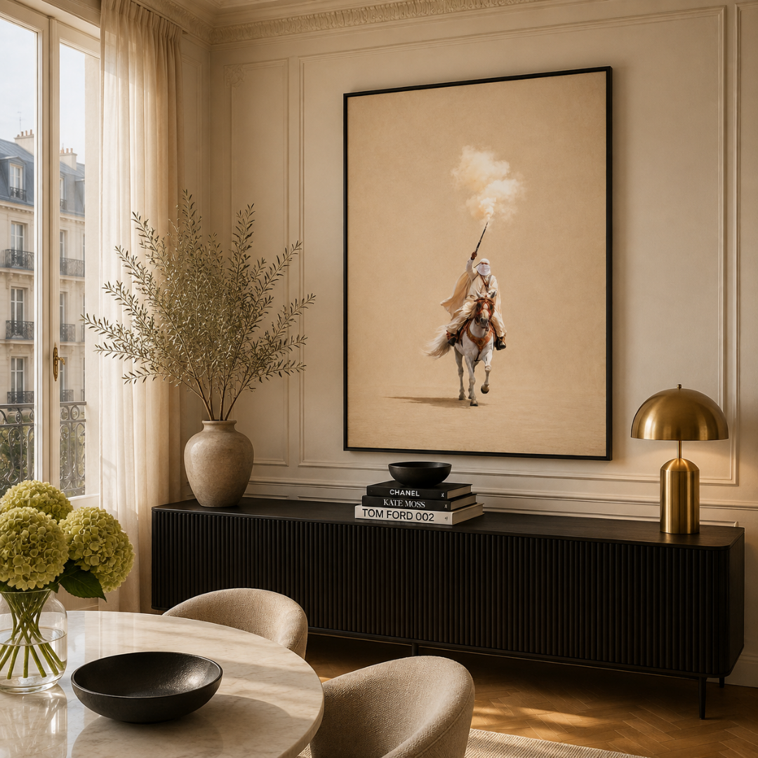 Tableau marocain – Tbourida Beige – XS : 30x20cm, Tableau en toile, Cadre Américain Noir
