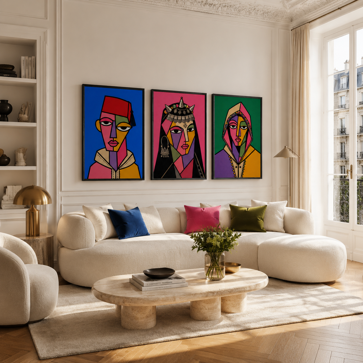 Triptyque Tableaux - Les Masques Marocains – 3xXS : 30x20cm, Tableau en toile, Cadre Américain Noir