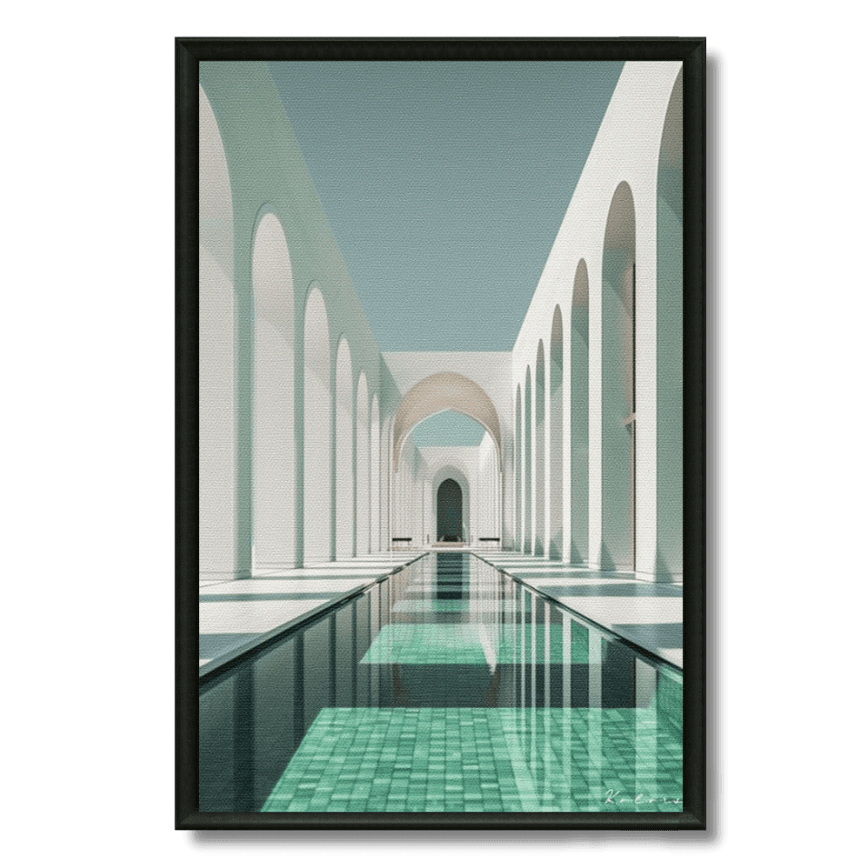 Tableau allée d'arches blanches bassin turquoise marocain
