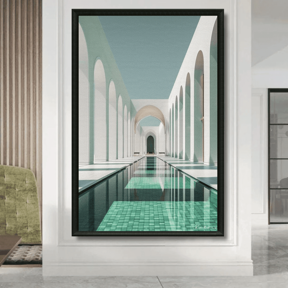 Tableau allée d'arches blanches bassin turquoise marocain