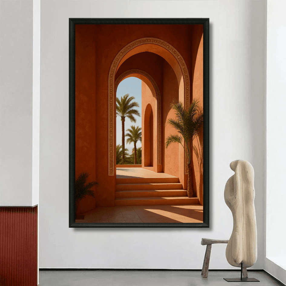 Tableau arches ocre et palmiers architecture marocaine