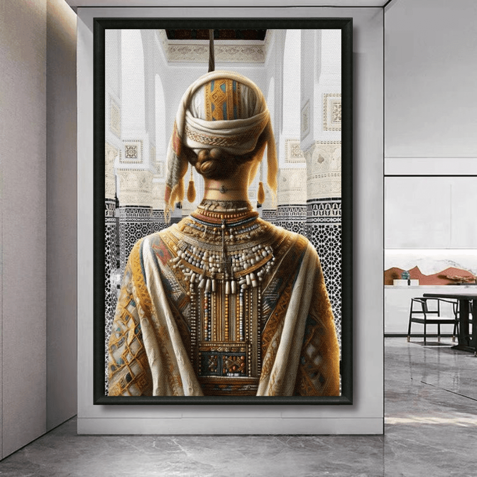Tableau femme amazigh au riad vue de dos bijoux marocains