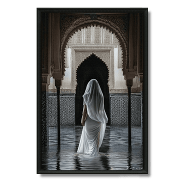 Tableau femme voilée patio marocain zellij arches lumière