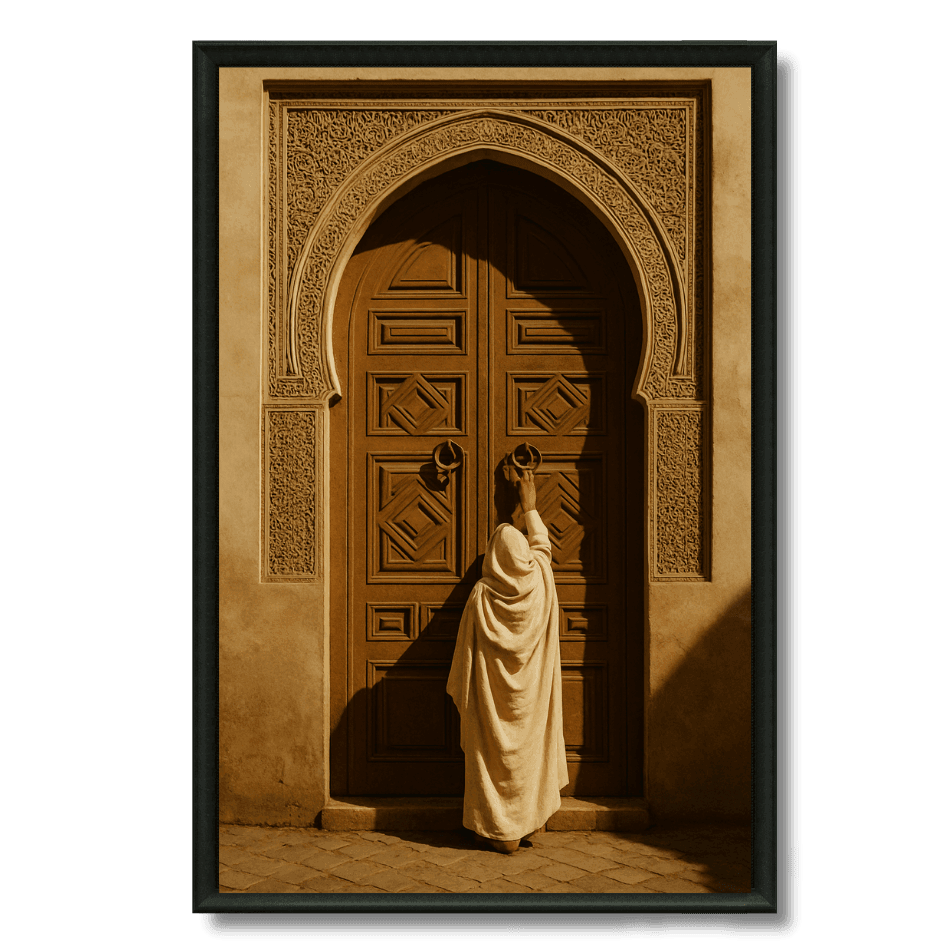 Tableau porte en bois sculptée femme djellaba blanche Maroc