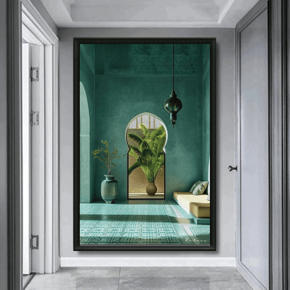 Tableau salon marocain vert émeraude plantes carrelage artisanal