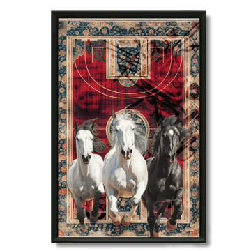 Tableau tapis marocain trois chevaux arabes galopant