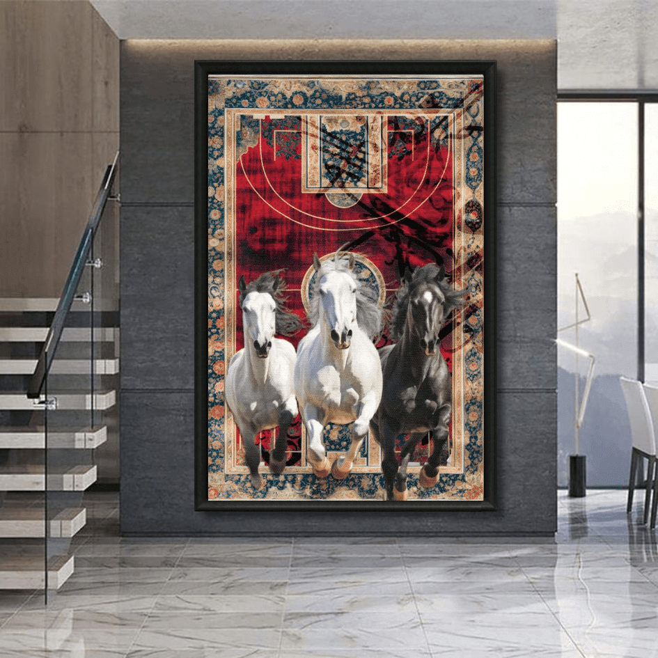 Tableau tapis marocain chevaux arabes détail